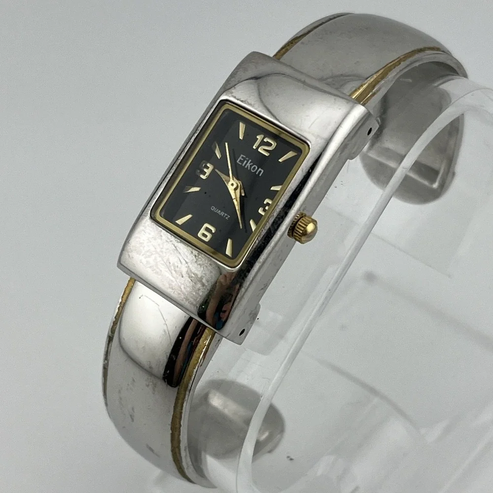 Eikon Watch Women 20mm Case Black Dial Bangle Cuff‎ Band- New Battery